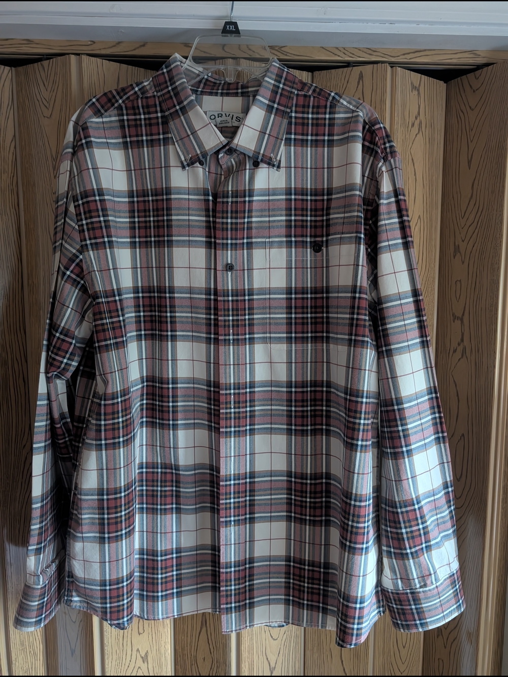 Men's Orvis Men's Plaid Button-Down Shirt - Cream, Brown & Blue Size XL